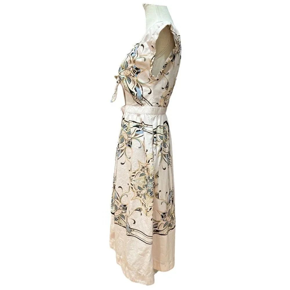 Free People Linvilla Beige Poplin Printed Midi Dress Size 6